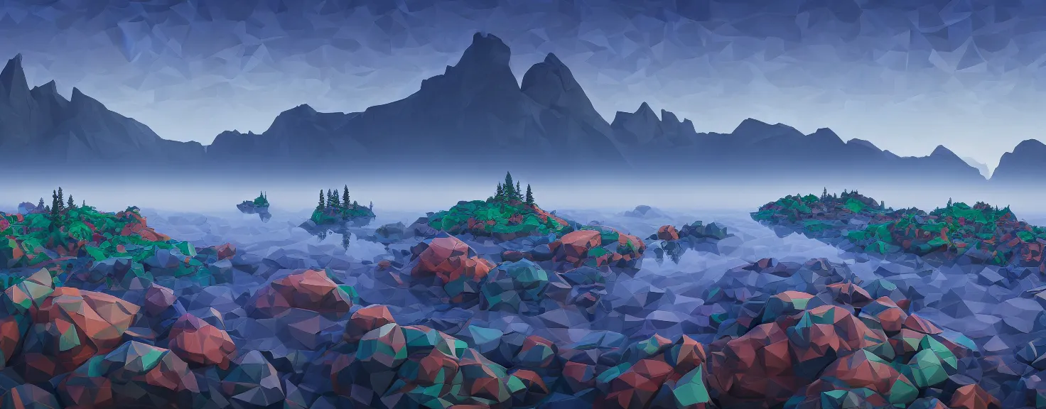 Image similar to super detailed color lowpoly art, northern sunset with rocks on front, blured monochromic lake in the middle of perspective and foggy mountains at background, graphic reindeers in random points, unreal engine, gothic rich deep colors, molotow premium pastel color palette, imperial boy, 3d render, lowpoly, colorful, digital art