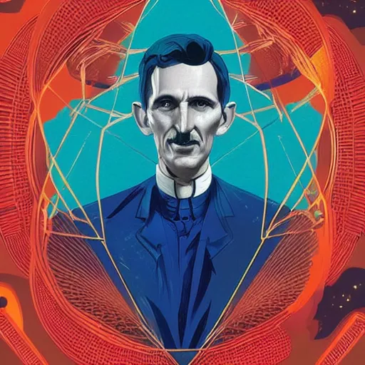 Prompt: majestic futuristic visionary inventor nikola tesla tarot crad by sachin teng, artgerm, darius zawadzki, masterpiece, organic painting, matte painting, technical geometrical drawing shapes, lightning electricity coil, hard edges, graffiti, screen printing poster art by sachin teng, artstation trending