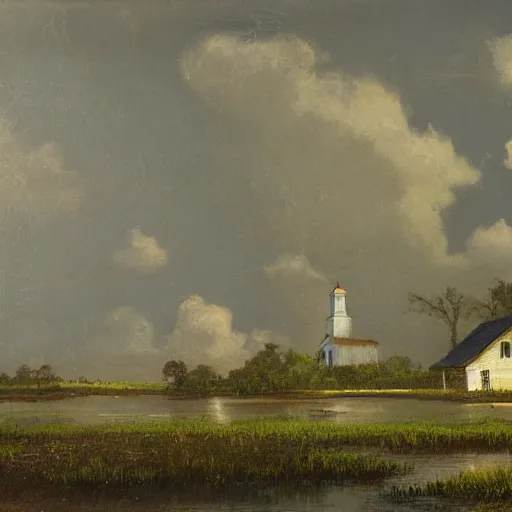 Image similar to 1 9 e century southern gothic scene, old white wooden church in bayou swamps, in louisiana, old painting style lagerstedt, mikko