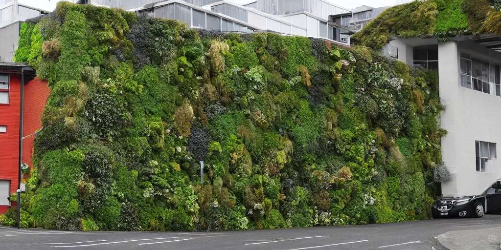 Image similar to lampton quay, wellington city, new zealand where the building walls are covered in living walls made of nz endemic plants. rainy windy day. google street view