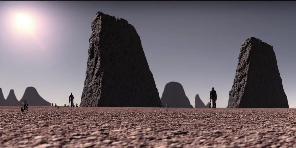 Image similar to an enormous alien black monolith in the desert, a large line of people are walking toward it in a line! starting at the foreground and ending at the building, single file, in the foreground on a rock is an alien creature catching a fly with its tongue, two suns are in the sky, clear skies, volumetric light, hyperdetailed, artstation, cgsociety, 8k