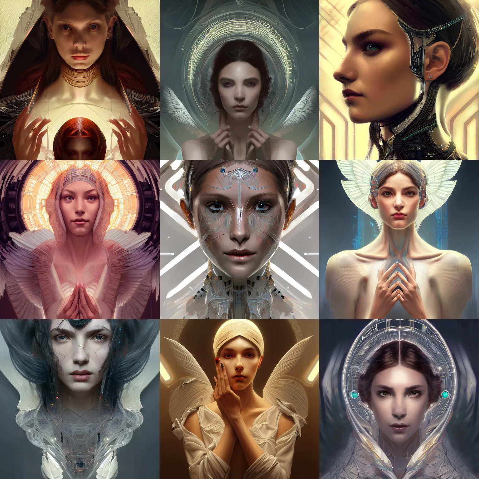 Prompt: symmetry!! angel, computer parts embedded into face, intricate, elegant, highly detailed, digital painting, artstation, concept art, smooth, sharp focus, cyberpunk, illustration, art by artgerm and greg rutkowski and alphonse mucha, 8 k