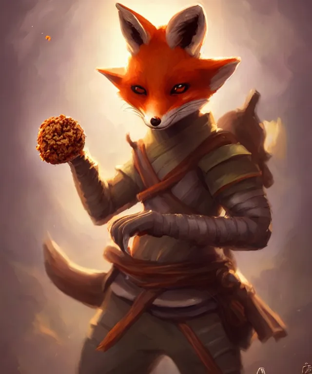 Prompt: a portrait of an anthropomorphic ninja fox eating a rice ball, ninja outfit, landscape background, cute and adorable, dnd character art portrait, well rendered matte fantasy painting, deviantart artstation, by jason felix by steve argyle by tyler jacobson by peter mohrbacher, cinematic lighting