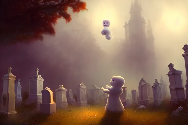 Image similar to casper the friendly ghost flying over a graveyard at midnight, playing with his ghost friends, cinestill, painted by james jean and gaston bussiere, very detailed and cute and cozy and transparent, backlight, fog, mist, trending on artstation