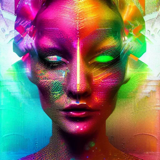 Image similar to portrait painting of a colorful cybernetic woman, fantasy, digital art, pixel sorting