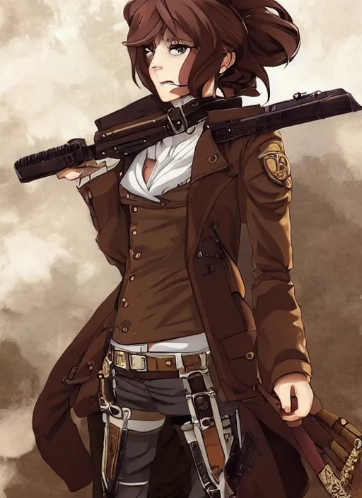 Prompt: girl with steampunk weapons and uniform, serious, intense, finely detailed, made by artgerm, full body portrait, illustration, snow, snowing, cloudy, anime, side view, perfect anime face, realistic face, zoomed out, smooth, brown eyes, high waisted shorts, sharp focus, attack on titan