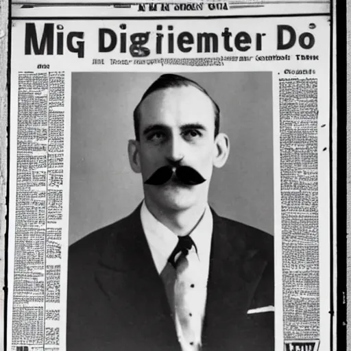 Prompt: newspaper photo from 40s of a slim medical doctor with a big mustache and sidecut topet