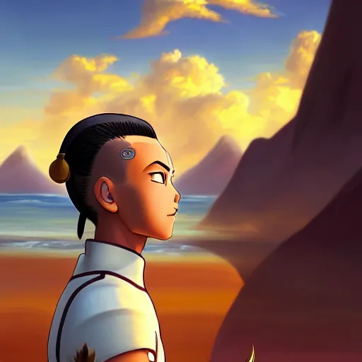 Prompt: beautiful serene intricate portrait of sokka from avatar the last airbender, smiling softly, relaxing on the beach, golden hour, soft focus, 8 k, art by irakli nadar, hyperrealism, hyperdetailed, ultra realistic