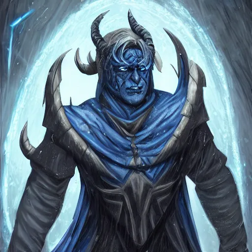 Prompt: a blue tiefling man wearing dark cloths frozen in ice and being shattering into a million pieces, action, cracked, destroyed, shattering, breaking, by Tony Sart, detailed, realistic, masterpiece, symmetrical