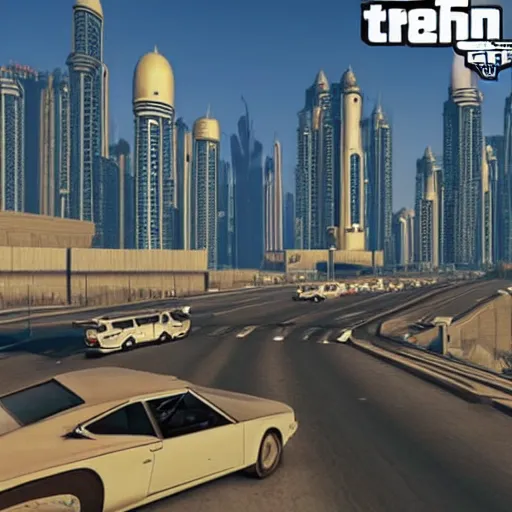 Prompt: gta : dubai, synth feel