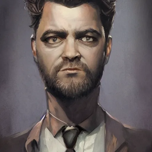 Image similar to beautiful portrait of a man with a short-beard (looking like joshua jackson), in the style of Enki Bilal and Joe Jusko and Alex Ross, trending on artstation