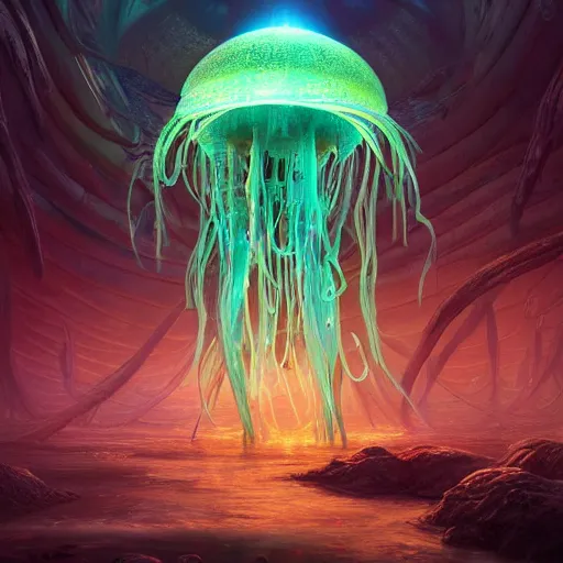 Prompt: photorealistic beautiful alien jellyfish palace world in the style of greg rutkowski and michael whelan. hyperdetailed photorealism, 1 0 8 megapixels, imposing, amazing depth, glowing rich colors, powerful imagery, psychedelic overtones, 3 d finalrender, 3 d shading, cinematic lighting, artstation concept art