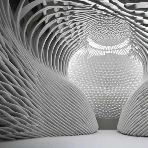 Prompt: 2 0 white egg shaped spheres intersect and merge into a parametric building designed by antti lovag