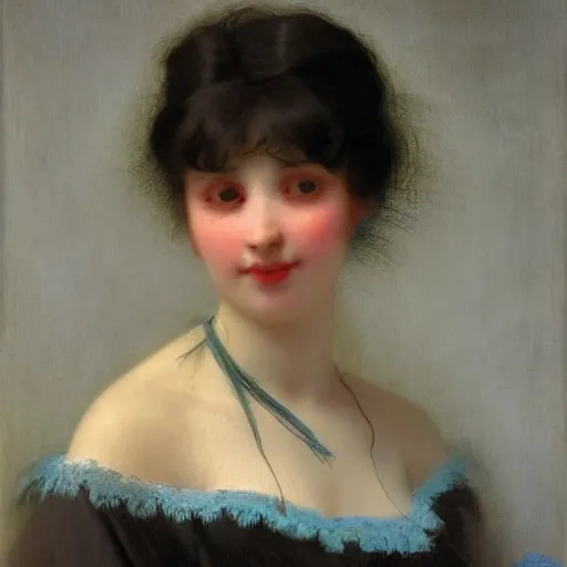 Image similar to a young woman’s face, her hair is white, she wears a long flowing blue satin veil, in the background is a river in a forest at dawn, by ivan aivazovsky and pieter claesz and paul delaroche and alma tadema and august malmstrom and and willen claesz heda and aelbert cuyp and gerard ter borch and isaac levitan and carl gustav carus, detailed, hyperrealistic, rendered in octane, rendered in redshift