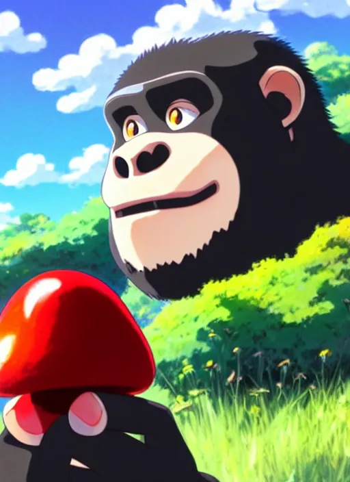 Image similar to wholesome cartoon anime gorilla holding a very small red mushroom, big smile on face, sunny sky background, lush landscape, illustration concept art anime key visual trending pixiv fanbox by wlop and greg rutkowski and makoto shinkai and studio ghibli and kyoto animation, symmetrical facial features,