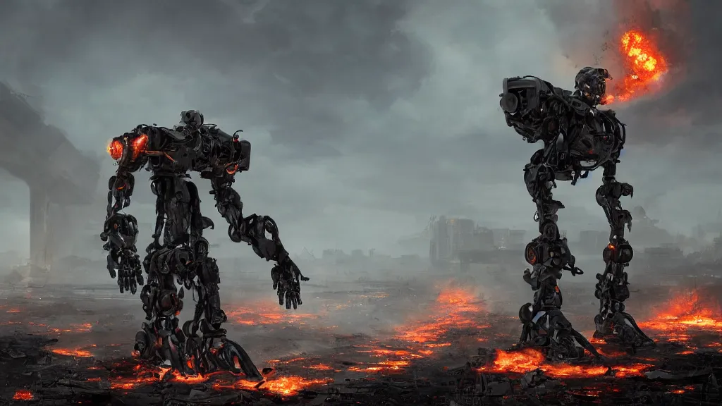 Prompt: Amazing photorealistic digital concept art of a guardian robot after the apocolypse, it's picking over the rubble, everything is ruined, there's smoke and fire, by James Clyne and Joseph Cross. Cinematic. LED lighting. Wide angle. Clean lines. Balanced composition.
