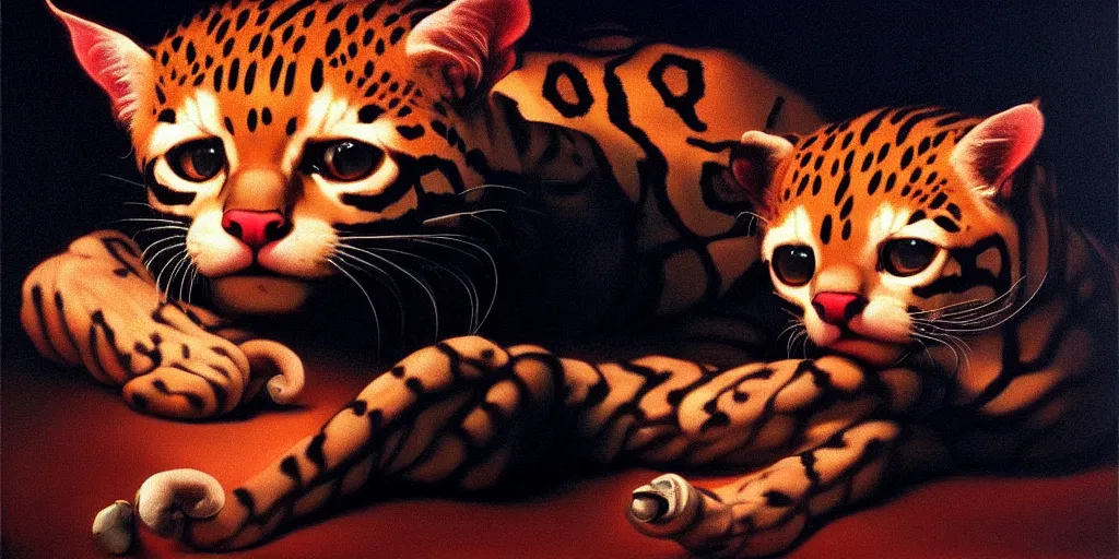 Image similar to ocelots in love, in the style of gottfried helnwein, high contrast chiaroscuro intricate composition, blue light by caravaggio, insanely quality, highly detailed, masterpiece, red light, artstation