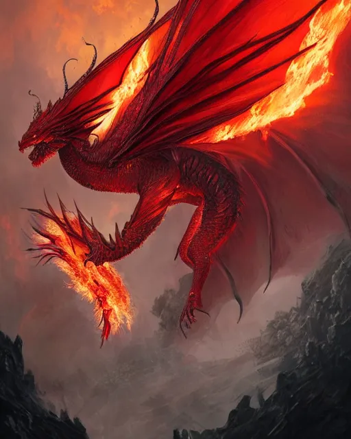 Prompt: A red dragon, with phoenix wings and tail, breathing out a massive fire, epic, highly detailed, close-up, fantasy art, dragon art, in the style of greg rutkowski, illustration, epic, fantasy, intricate, hyper detailed, artstation, concept art, smooth, sharp focus, ray tracing