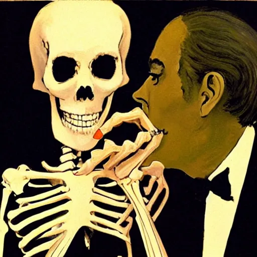 Image similar to a skeleton in a black suit tuxedo, talking to a beautiful woman in a low cut blouse and a miniskirt, Black light velvet painting by Basil Gogos and Robert McGinnis