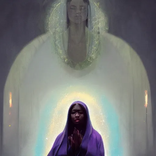 Prompt: Masterpiece portrait of an aesthetic beautiful realistic black haired priestess, 30 years old woman, praying, cinematic light, digital painting by WLOP, atmospheric effects, fireflies, 4K, octane render, artstation, deviantart, close view, dark purple blue tones
