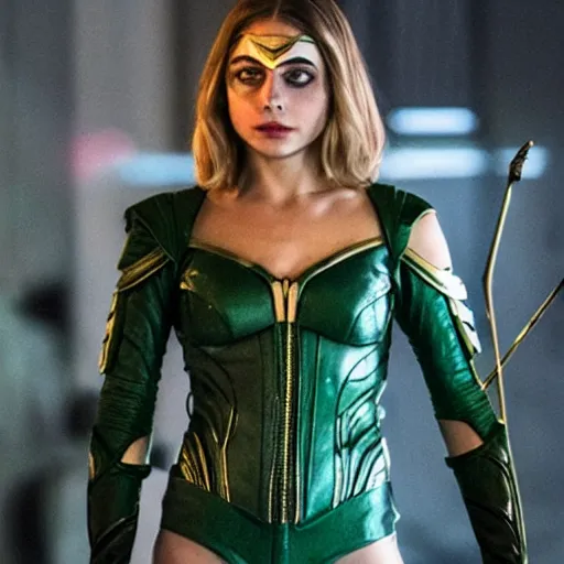 Image similar to film still of willa holland as an attractive female green arrow in the 2 0 1 7 film justice league, bleach blonde hair, focus - on - facial - details!!!!!!!!!!!!, minimal bodycon feminine costume, dramatic cinematic lighting, front - facing perspective, promotional art