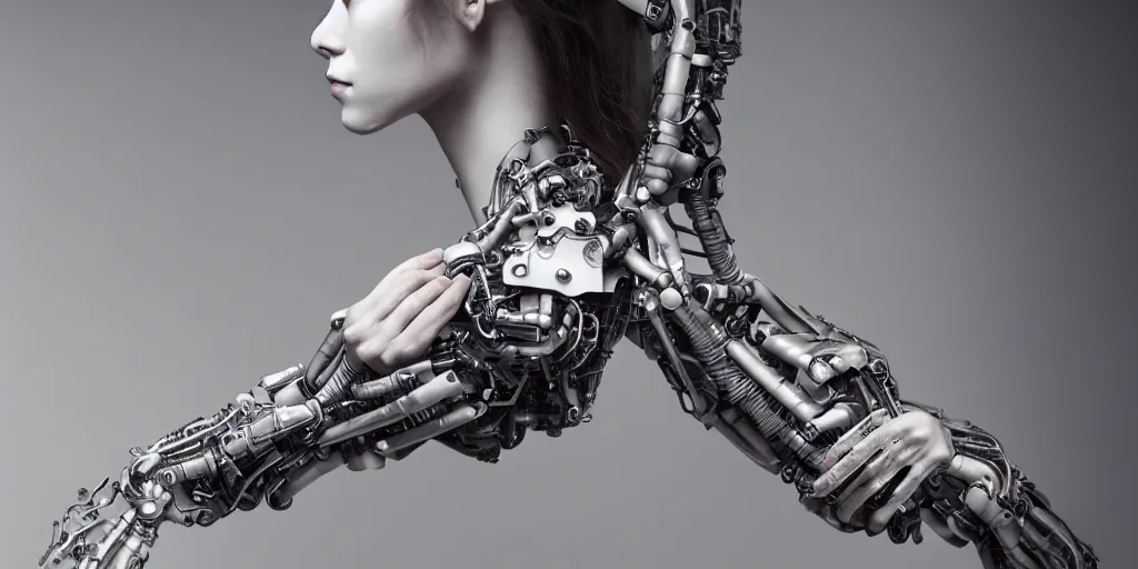 Image similar to hyperrealistic photography of a stunningly beautiful cyborg female, mechanical elbow, plated arm, intimate, holding hands, in the style of beth cavener, jin kagetsu,, and wlop, highly detailed, intricate, face symmetry, masterpiece, award - winning, sharp focus, concept art, high key, ambient lighting, 8 k, artstation