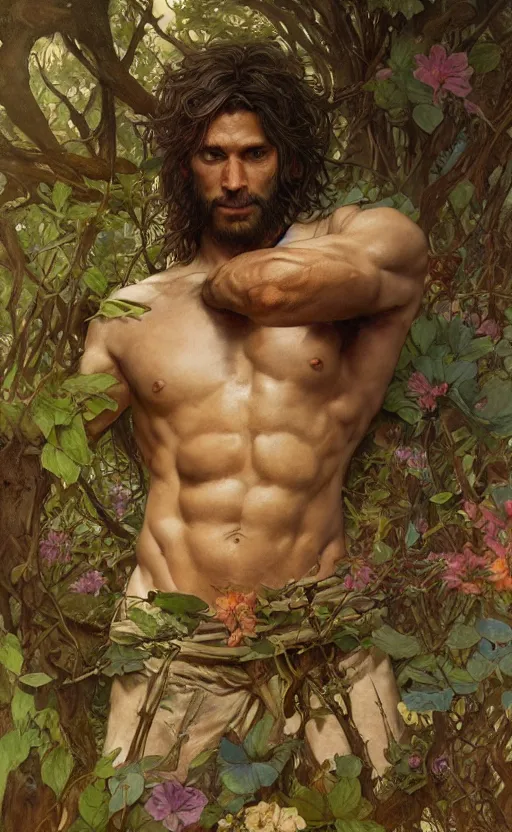 Image similar to god of the forest, rugged, handsome, male, detailed face, clean lines, atmospheric lighting, amazing, full body, thighs, flowers, muscular, intricate, highly detailed, digital painting, deviantart, concept art, sharp focus, illustration, art by greg rutkowski and alphonse mucha