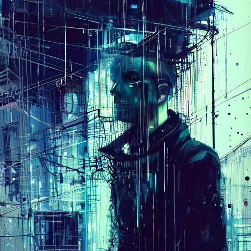 Image similar to portrait of a cyberpunk, wires, machines, in a dark future city by jeremy mann, francis bacon and agnes cecile, ink drips, paint smears, digital glitches glitchart