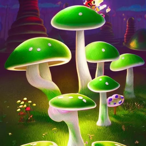 Prompt: mushroom kingdom from mario, digital art, giant green and white spotted mushrooms, at night, exotic flowers and plants, sprites, irina french, cinematic lighting, heraldo ortega, mandy jurgens trending on artstation 8 k 1 5 0 mpx