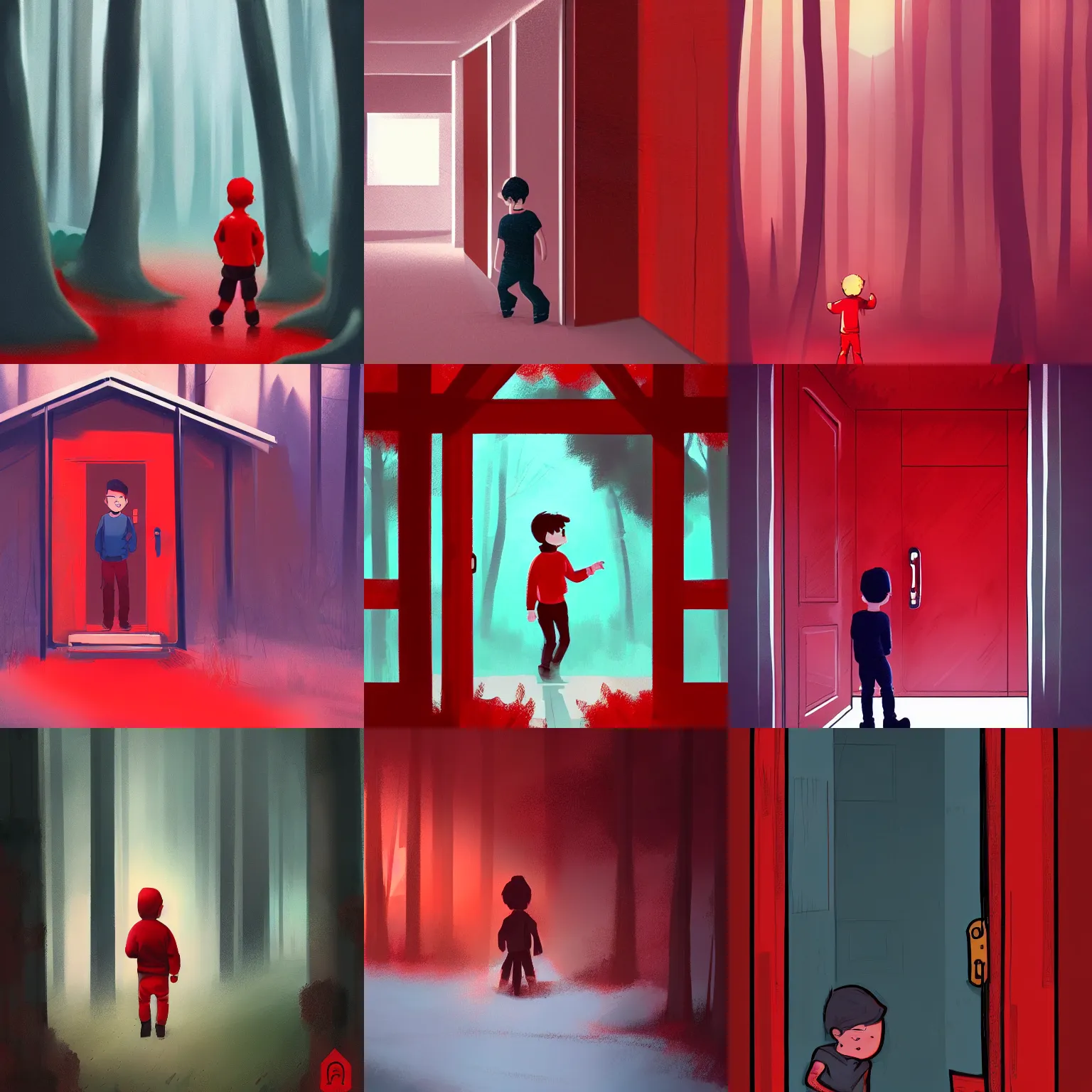 Prompt: boy in red knock the door of a cabine in a forest, detailed, strong lighting, by aenami and alena, trending on artstation