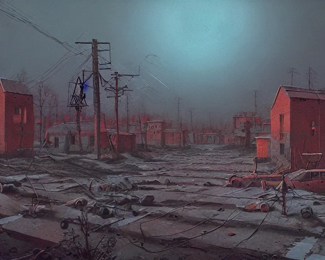 Image similar to painting of apocalyptic soviet village, by simon stalenhag, zdzisław beksinski, cory loftis, rim light, exquisite lighting, clear focus, very coherent, plain background, soft painting