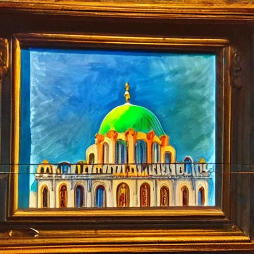 Prompt: beautiful hyper realistic synagogue in a sunny city, large green dome, impressionist style, sunset, dramatic lighting