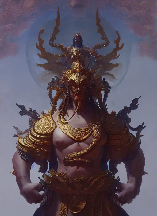 Prompt: Gigantic Deity with 8 arms, extremly detailed oil painting, in the style of Fenghua Zhong and Ruan Jia and Jeremy Lipking, rim light, beautiful lighting, 8k, stunning scene, raytracing, octane, trending on artstation