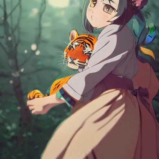 Image similar to a tiger wearing a dress, illustration concept art anime key visual trending pixiv fanbox by wlop and greg rutkowski and makoto shinkai and studio ghibli and kyoto animation symmetrical facial features