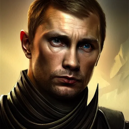 Image similar to Vladimir Putin as as Aiden Caldwell character from Dying Light 2 Stay Human, western, D&D, fantasy, intricate, elegant, highly detailed, digital painting, artstation, concept art, matte, sharp focus, illustration, art by Artgerm and Greg Rutkowski and Alphonse Mucha