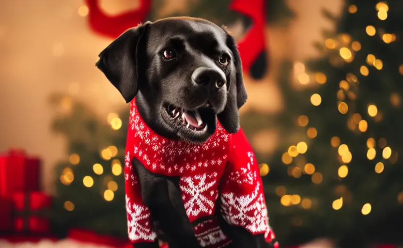 Image similar to studio photography of a dog wearing a christmas sweater, detailed face, cinematic lighting, 8 k