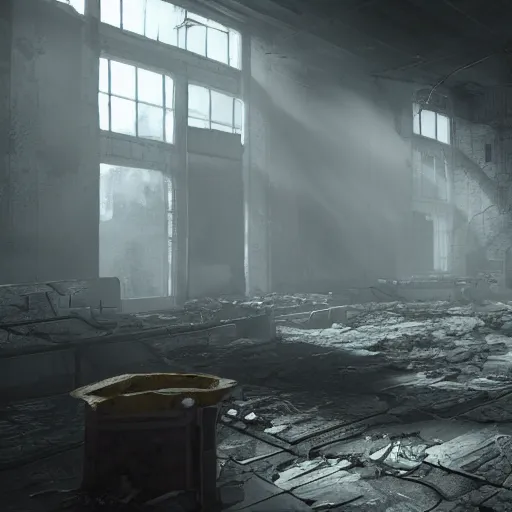 Prompt: fallout concept art building interior render grim realistic lighting unreal engine 5