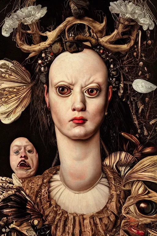 Image similar to Detailed maximalist portrait with large lips and with large eyes, sad exasperated expression, bones, HD mixed media, 3D collage, highly detailed and intricate illustration in the style of Caravaggio, dark art, baroque