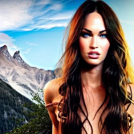 Image similar to realism tattoo sketch of double exposure megan fox with beautiful mountain scenery, in the style of andrey lukovnikov