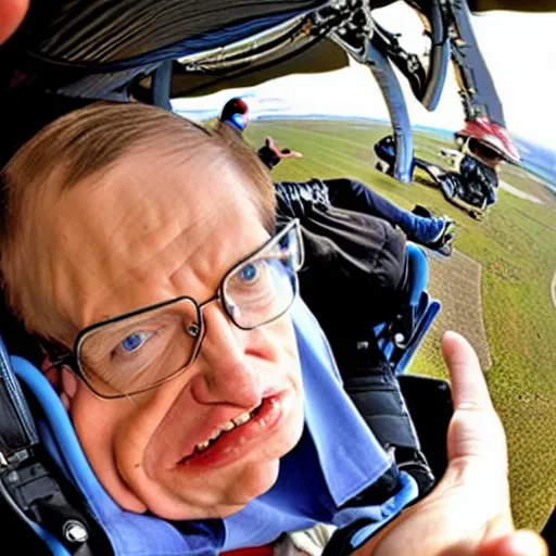 Image similar to Fish-eye lens of Stephen Hawking skydiving in his wheelchair