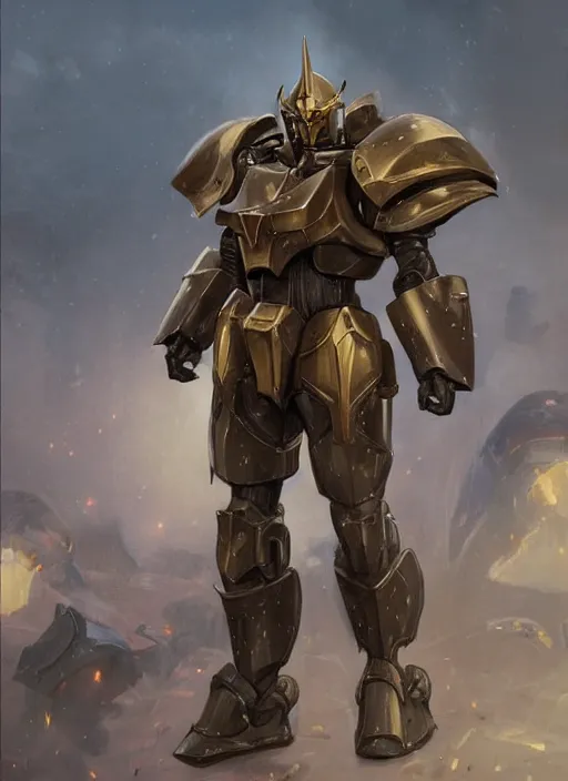 Image similar to medium-length portrait of a male paladin with short curly hair and a dark beard, dark brown skin, happy expression, wears a suit of power armor, gundam, medieval setting, highly detailed, digital painting, artstation, concept art, sharp focus, illustration, art by greg rutkowski and alphonse mucha