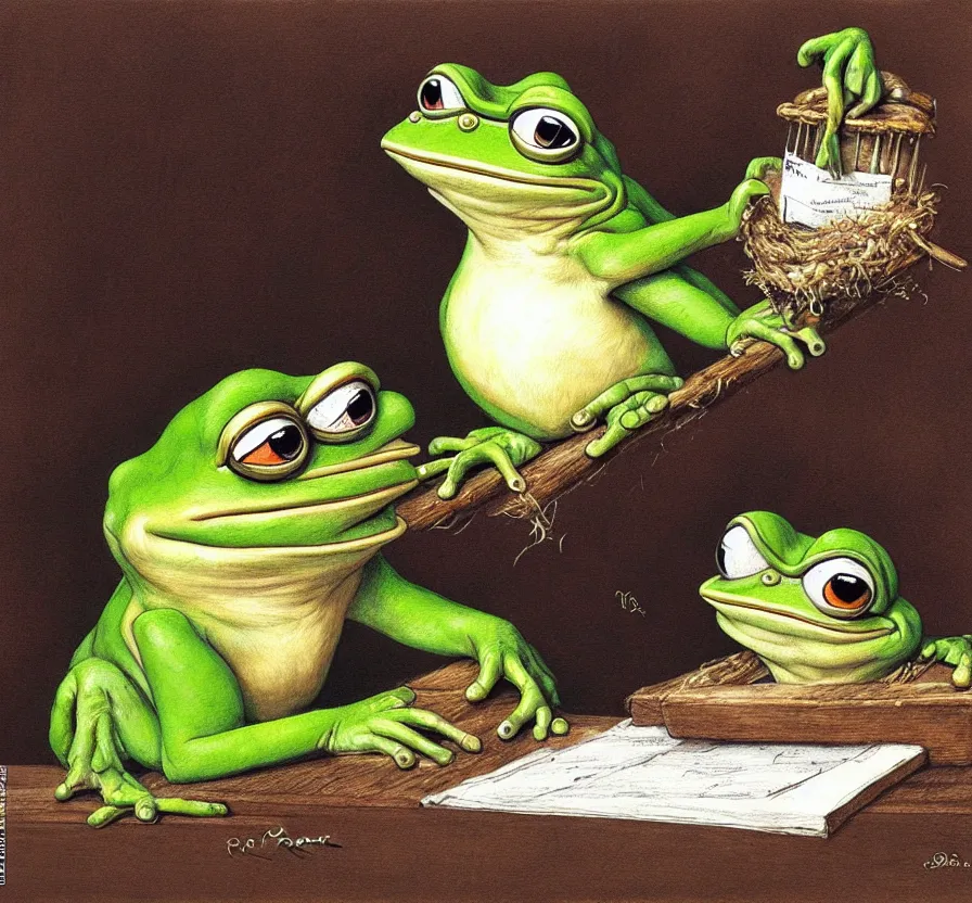 Image similar to pepe the frog in business suet, by jean baptiste monge, acrilic paint