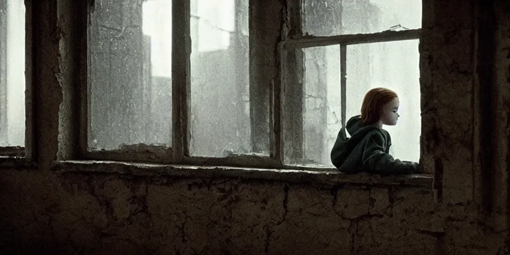 Image similar to at night, sadie sink in hoodie sits on windowsill, knees tucked in | rain falls, old brick wall with ussr propaganda posters : 3 5 mm film, anamorphic, single long shot from schindler's list by steven spielberg. cyberpunk, cinematic atmosphere, detailed and intricate, perfect anatomy