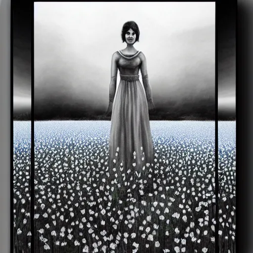 Prompt: By Pixar, ultra realist soft painting of a flower field by night, long dress female, horror, omnious sky, symmetry accurate features, very intricate details, black and white, volumetric light clouds