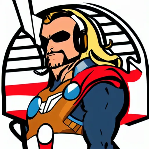 Image similar to a Avengers-Thor, svg sticker, vector art, wearing headphones, jamming to music