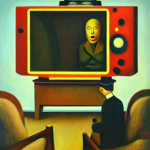Image similar to in soviet russia, tv watches you!, grant wood, pj crook, edward hopper, oil on canvas