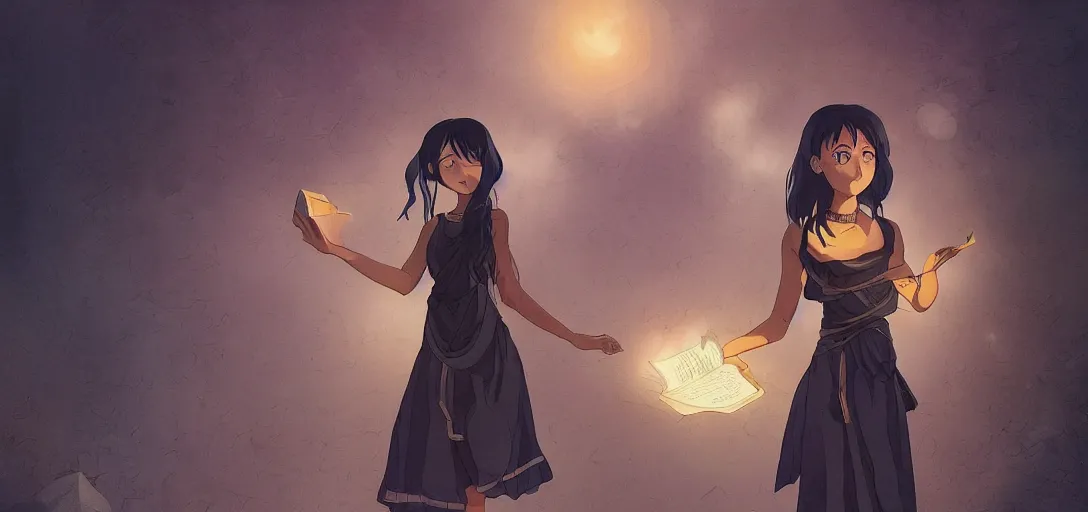 Image similar to Full body portrait of a Himalayan woman in a sleeveless dress, a book floating as she casts a ritual spell, dark colors, ominous, somber, detailed, artstation, by Kyoto Animation and Studio trigger, by Makoto Shinkai and Ilya Kuvshinov