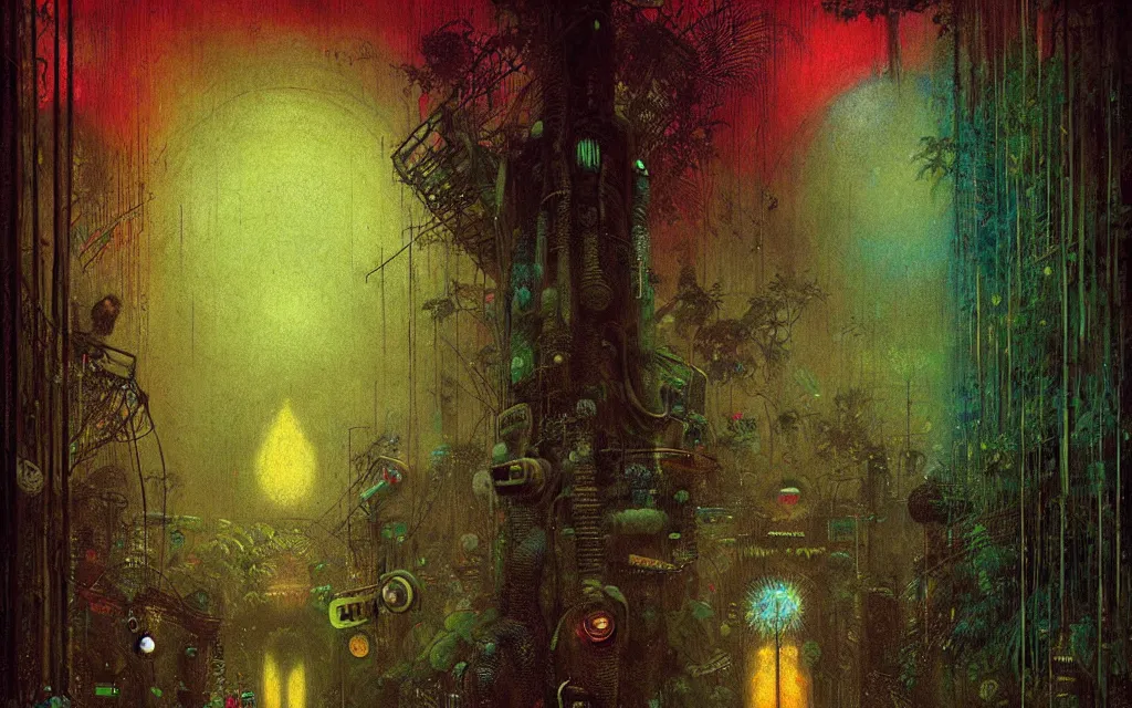 Prompt: technicolor hyperpop cyberpunk rainforest, future perfect, award winning digital art by santiago caruso and odilon redon