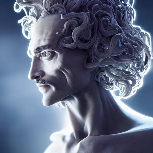 Image similar to masterpiece portrait ethereal biomechanical einstein with incredible hair, crystal incrustations, hyper - detailed face, elegant posed, intricate, octane render, cinematic lighting, cgsociety, unreal engine,