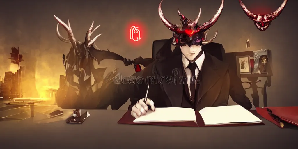 Image similar to dark lord sitting at desk large horns and suit, medium shot, portrait, semi realistic anime, red demon cyberpunk symbols